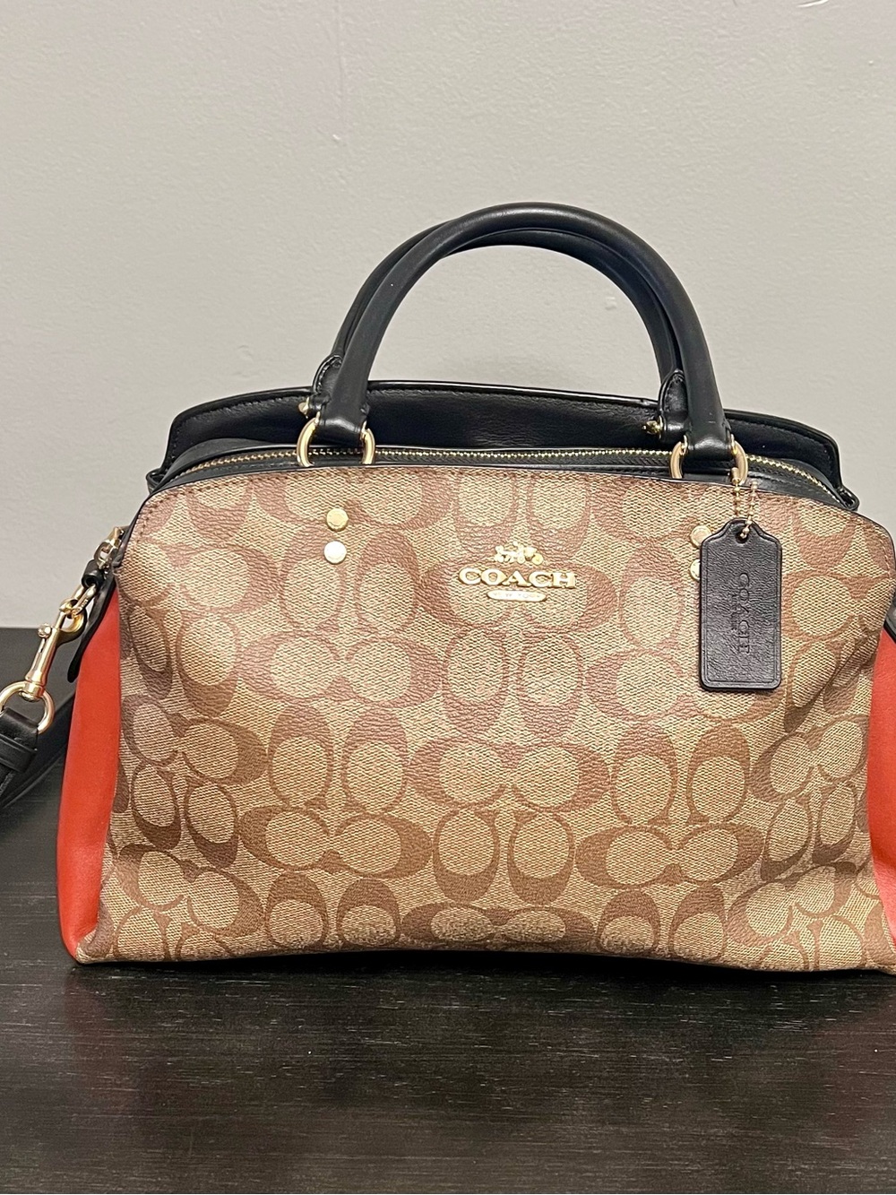 Coach Brown Signature Canvas Satchel with Red Side Panels